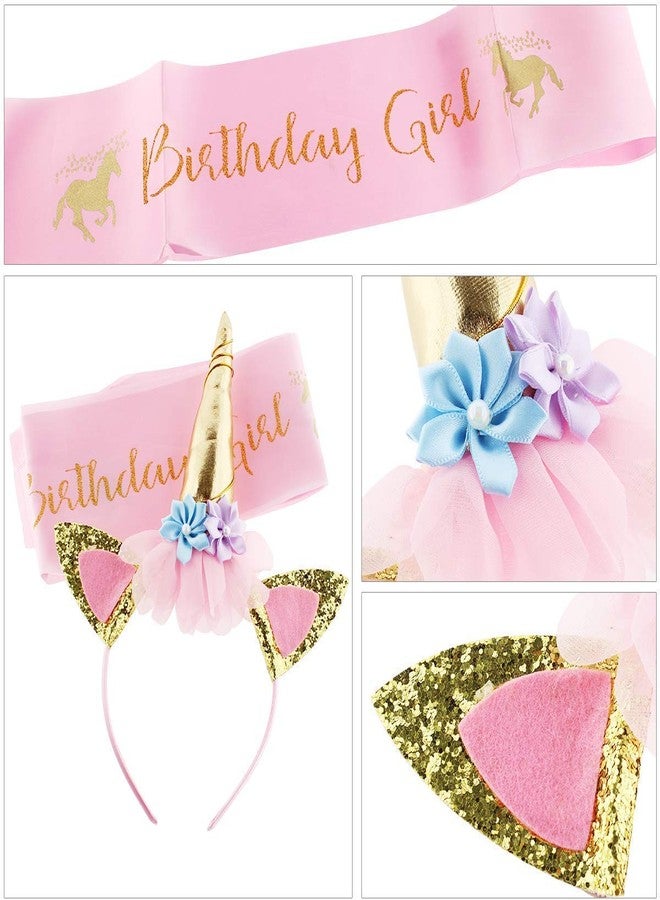 PATPAT 2pieces Unicorn Party Birthday Girls Set,include Headband and Pink Sash, 1 x Gold Glitter Unicorn Horn Headband, 1 x Pink Birthday Sash for Girls/Kid. - Image 2